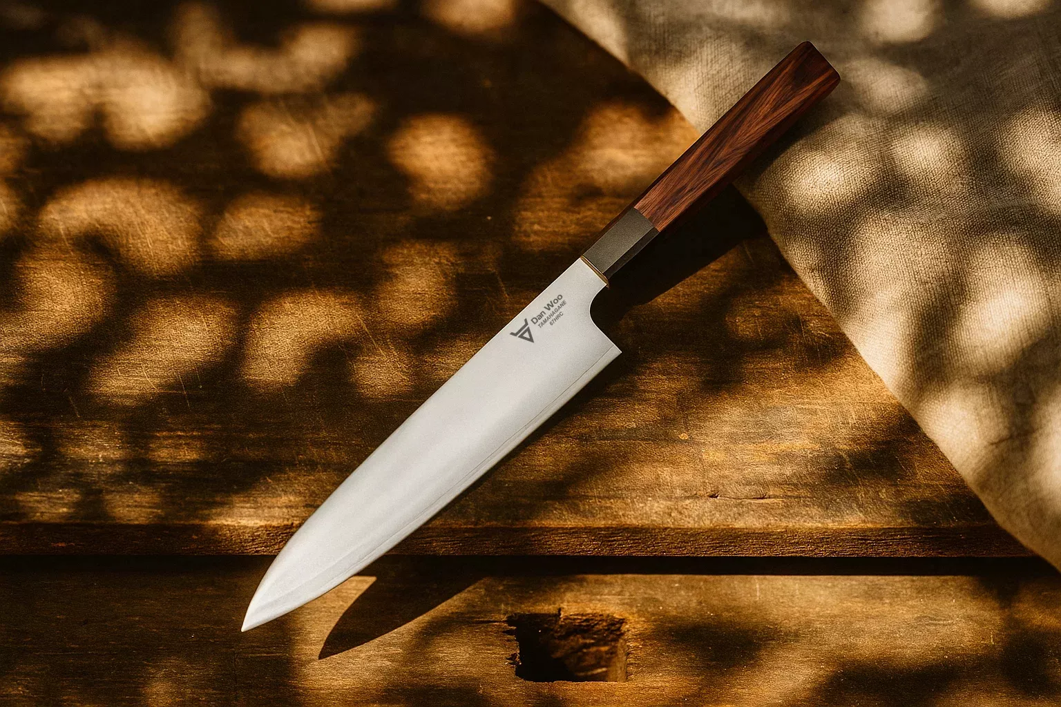 Dan Woo Tamahagane Nóż Szefa Kuchni 20cm San Mai 67 HRC z Ostrzałką