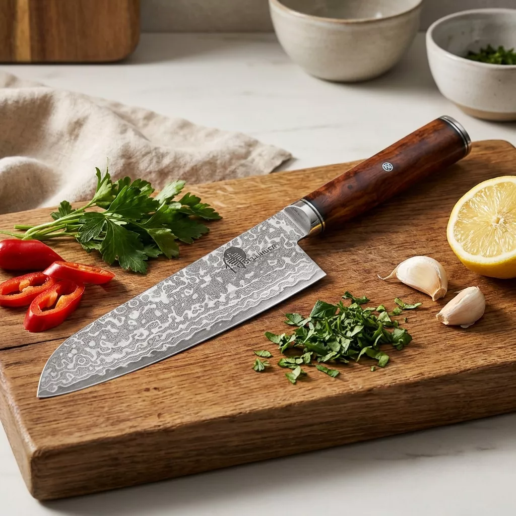 Dellinger M390 Cocobolo Nóż Santoku 18 cm - Stal Damasceńska 129 warstw