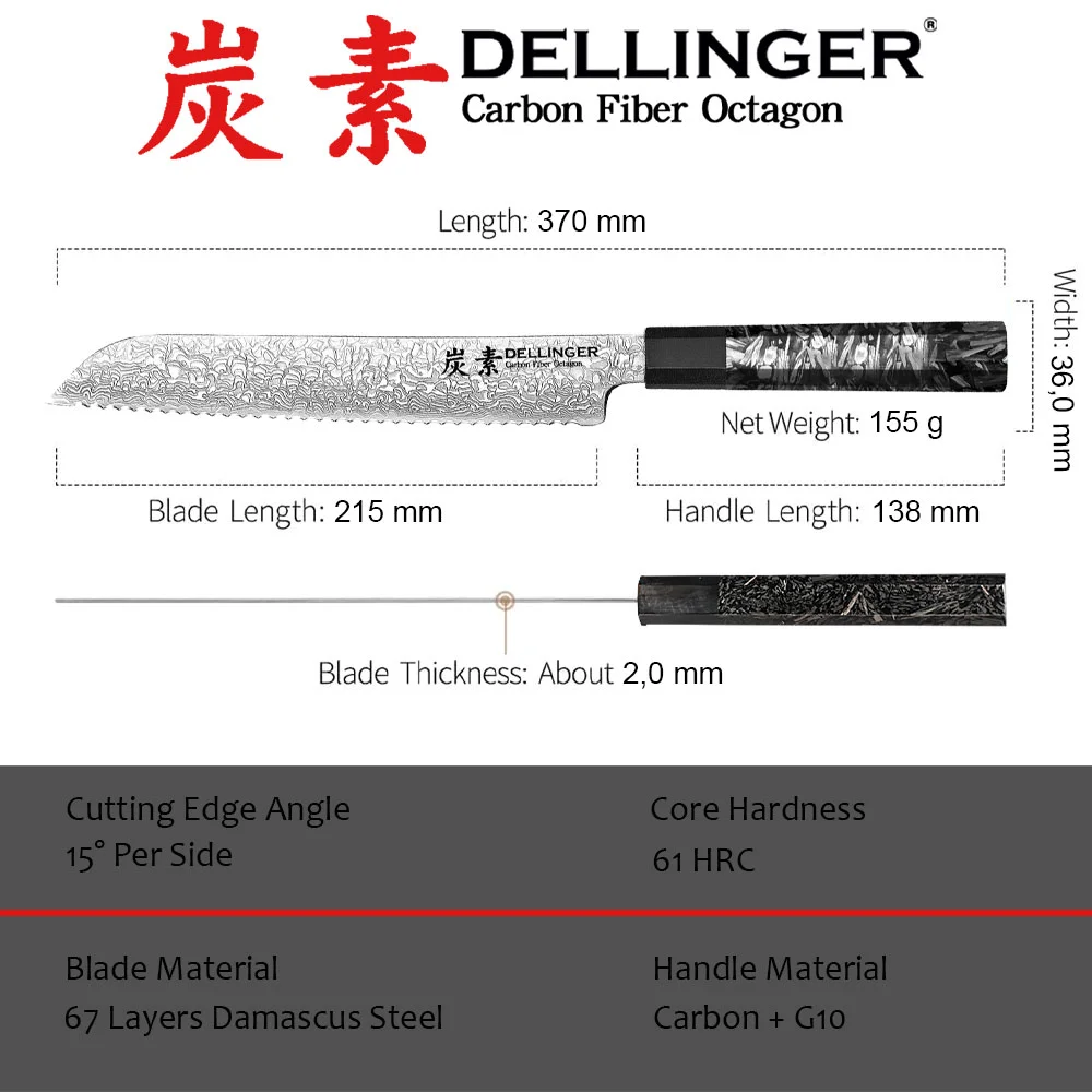 Nóż do pieczywa Dellinger Carbon Fiber Octagon 21,5 cm VG-10