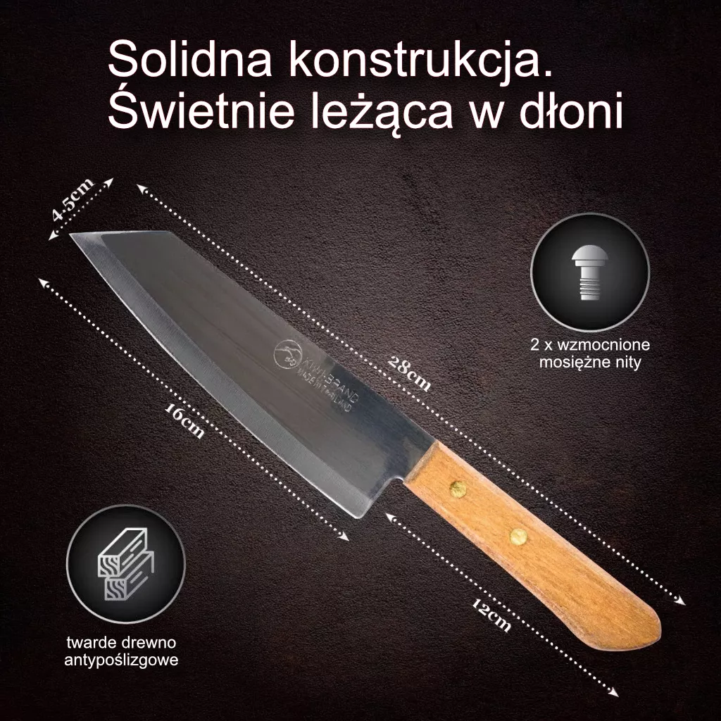 KIWI Nóż Bunka ze Stali Nierdzewnej, Ostrze 16 cm, Rękojeść Drewniana