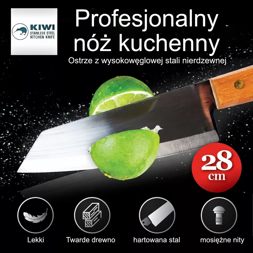KIWI Nóż Bunka ze Stali Nierdzewnej, Ostrze 16 cm, Rękojeść Drewniana