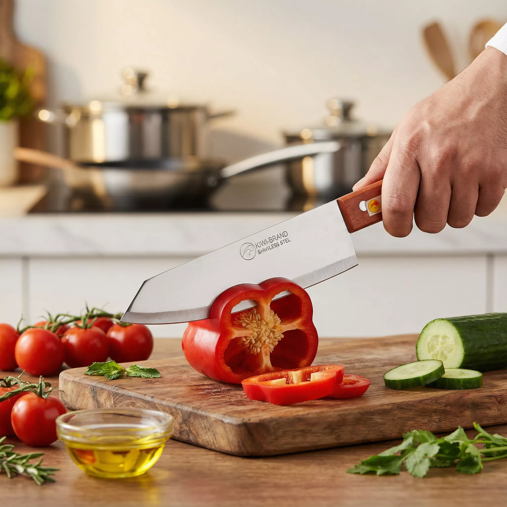 KIWI Nóż kuchenny Bunka, stal 3CR13, drewniana rękojeść, ostrze 17,5 c