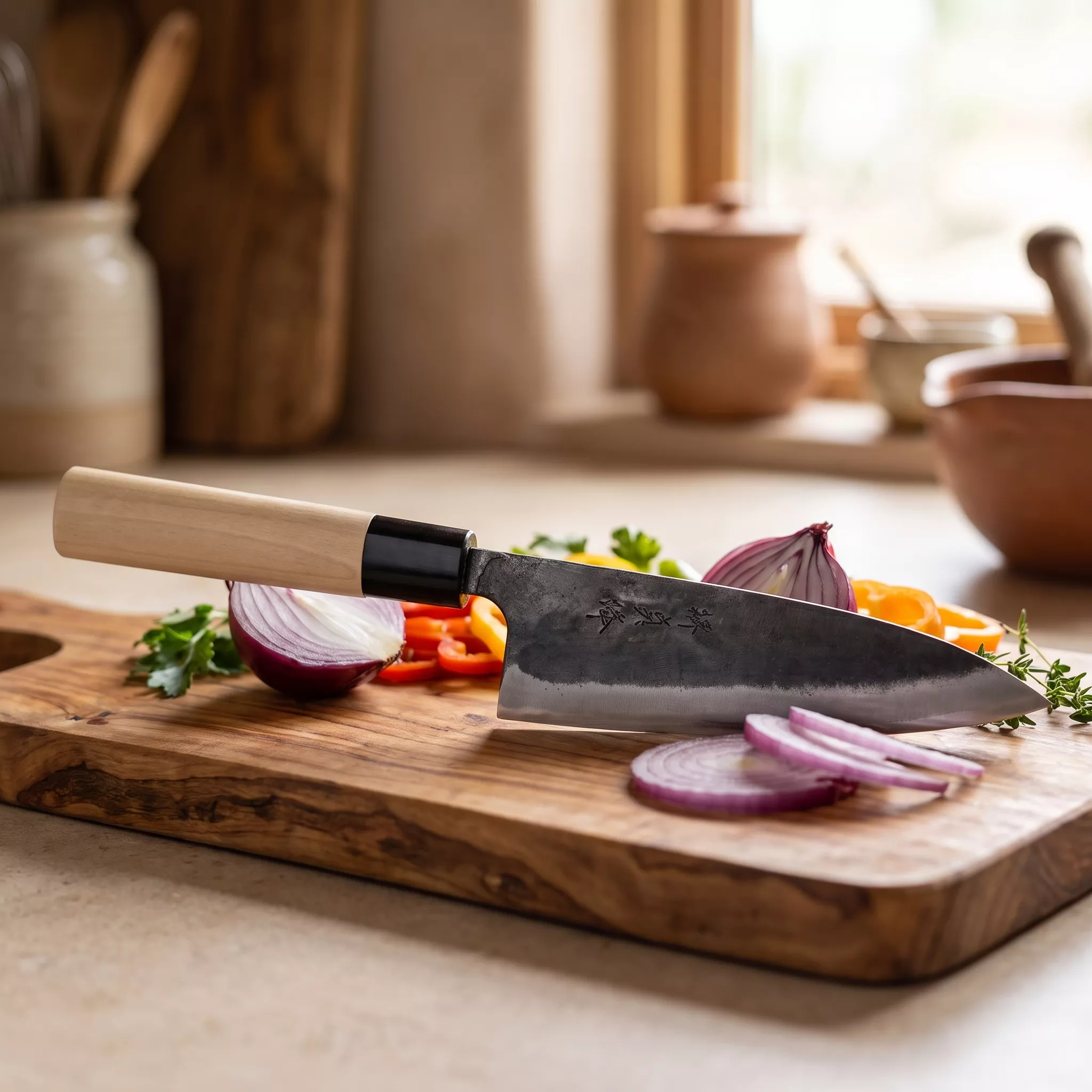 Japoński nóż Santoku Funayuki Okomura Kurouchi 16,5 cm
