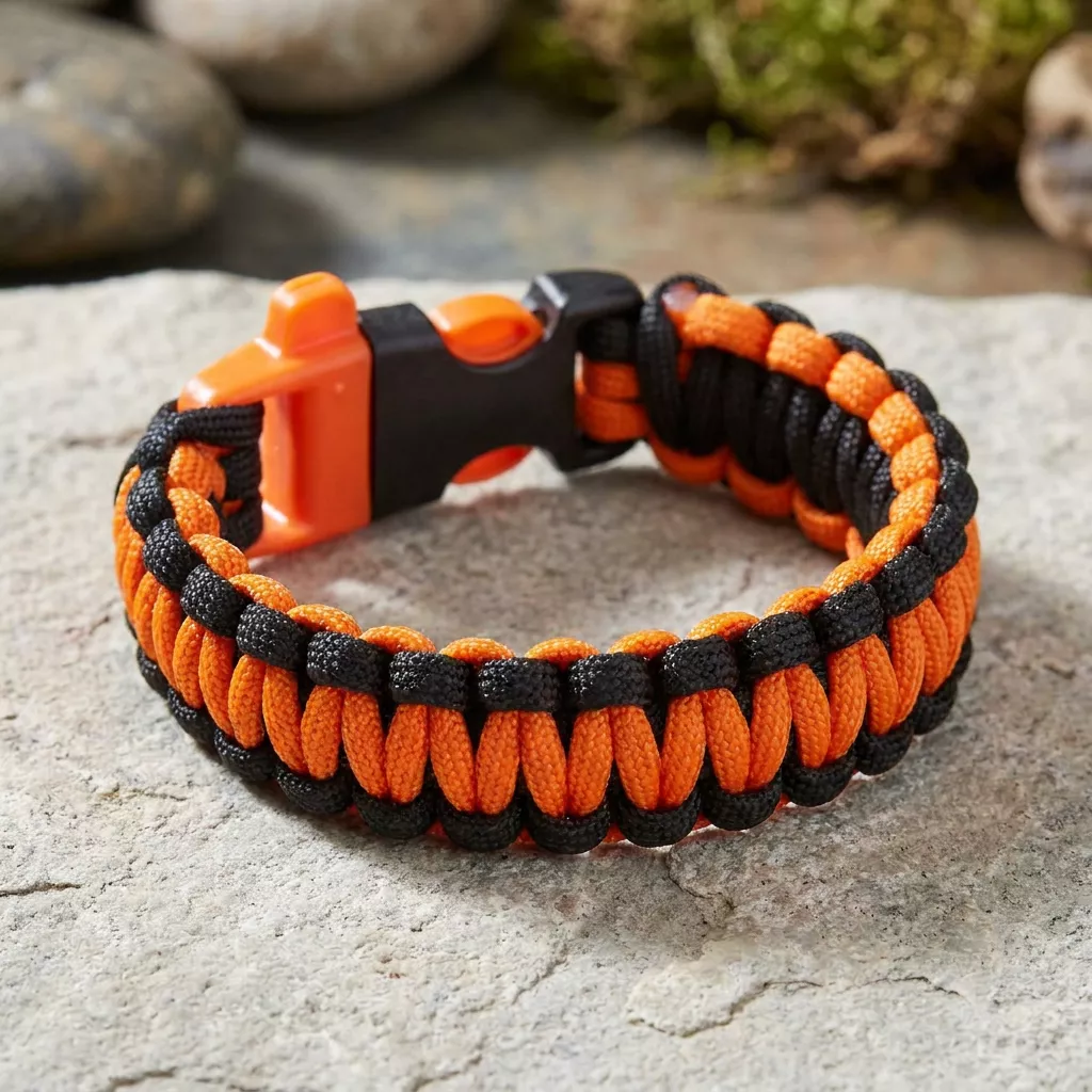 Survivalowa bransoletka paracord 22 cm z gwizdkiem pomarańczowo-czarna