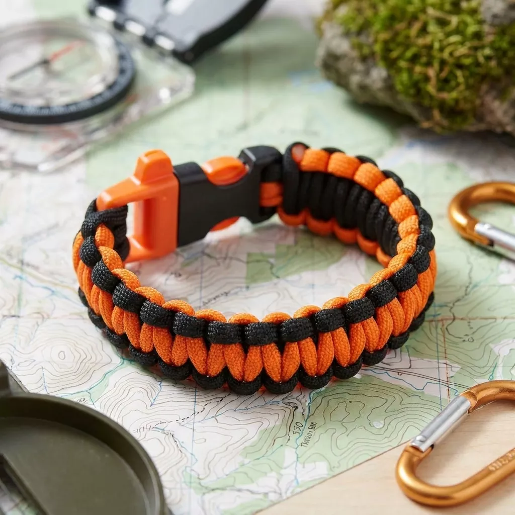 Survivalowa bransoletka paracord 22 cm z gwizdkiem pomarańczowo-czarna