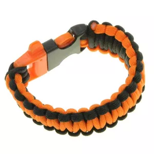 Survivalowa bransoletka paracord 22 cm z gwizdkiem pomarańczowo-czarna