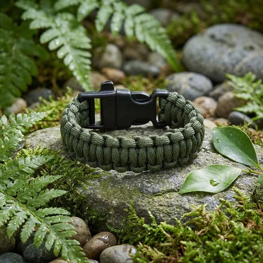 Survivalowa bransoletka paracord 3m z gwizdkiem Green Camo 22 cm