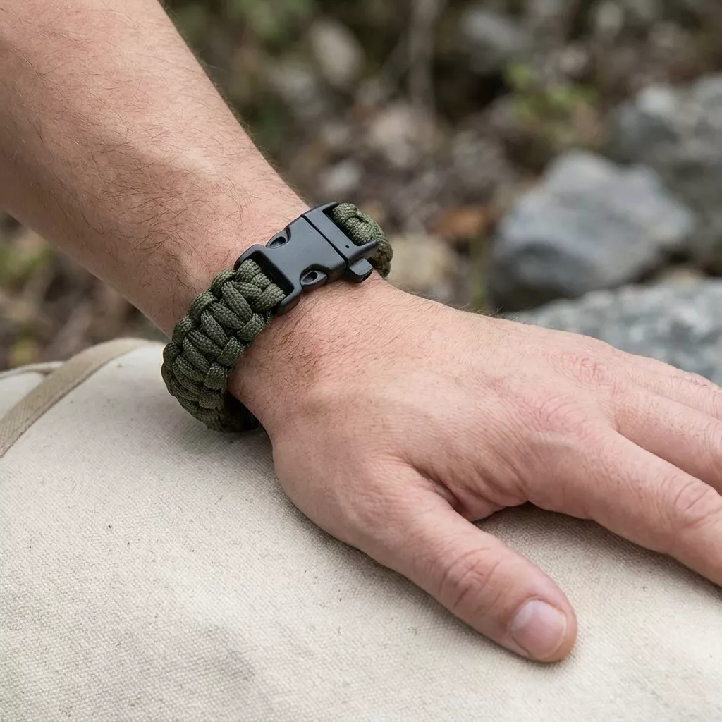 Survivalowa bransoletka paracord 3m z gwizdkiem Green Camo 22 cm