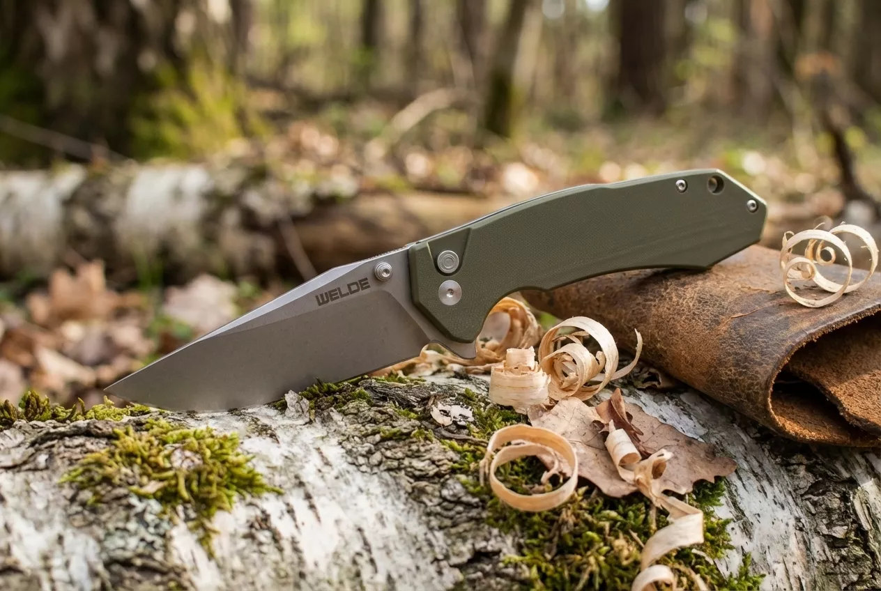 Nóż składany Welde D2F64 G10 Stal D2 9 cm Button Lock Zielony